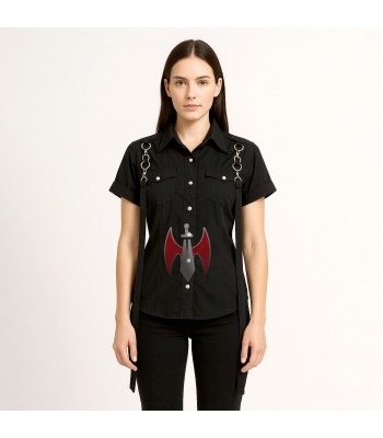 Women’s Gothic Black Shirt with Metal Ring Strap Detailing
